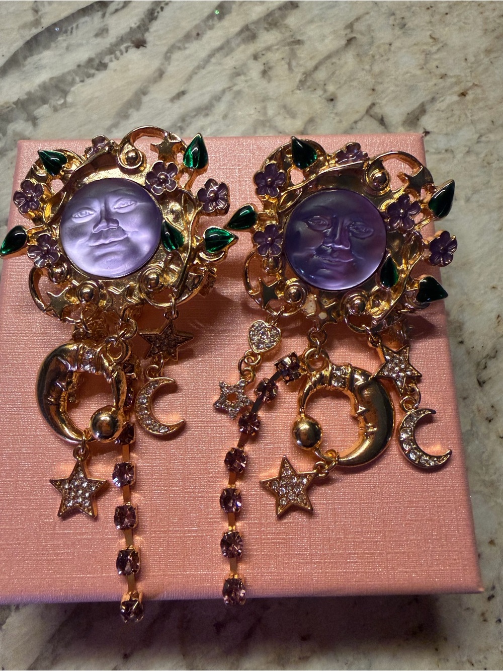 Gold-Tone Purple Moon Face Drop Earrings with Green Accents